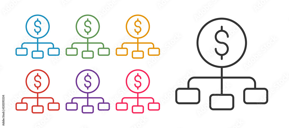 Set line Dollar on top of financial hierarchy icon isolated on white background. Set icons colorful. Vector