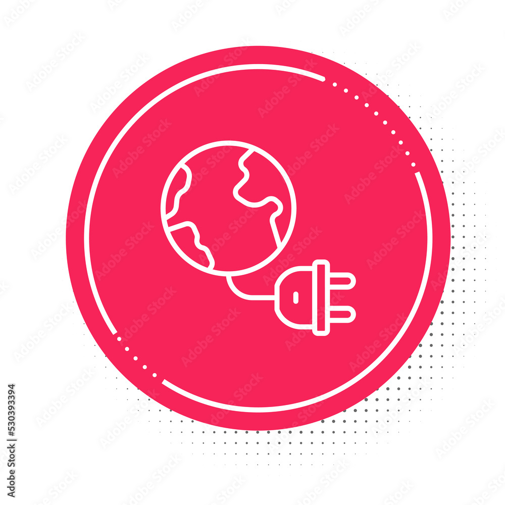 White line Global energy power planet with plug icon isolated on white background. Ecology concept and environmental. Red circle button. Vector White line Global energy power planet with plug icon isolated on white background. Ecology concept and environmental. Red circle button. Vector
