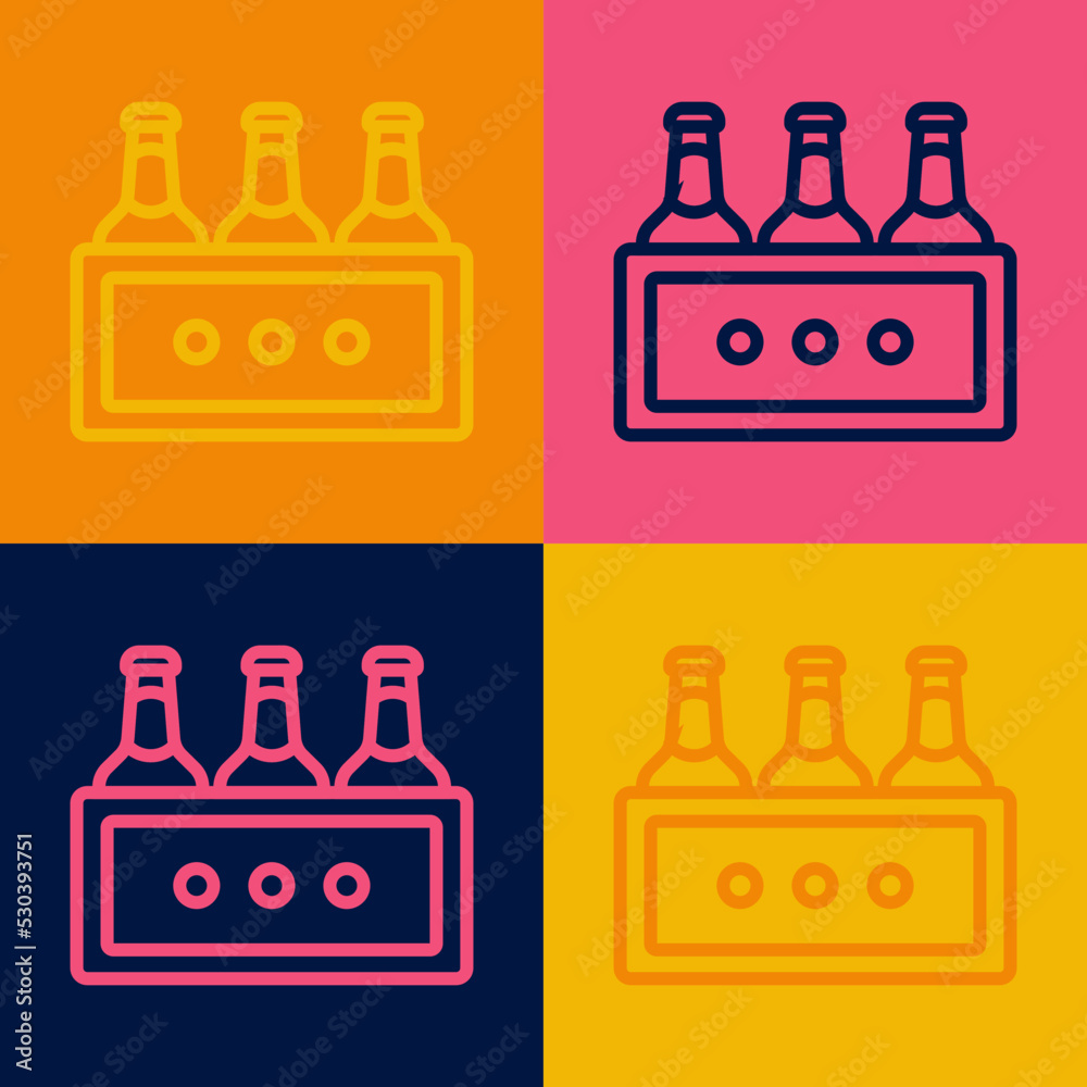 Obraz premium Pop art line Pack of beer bottles icon isolated on color background. Wooden box and beer bottles. Case crate beer box sign. Vector