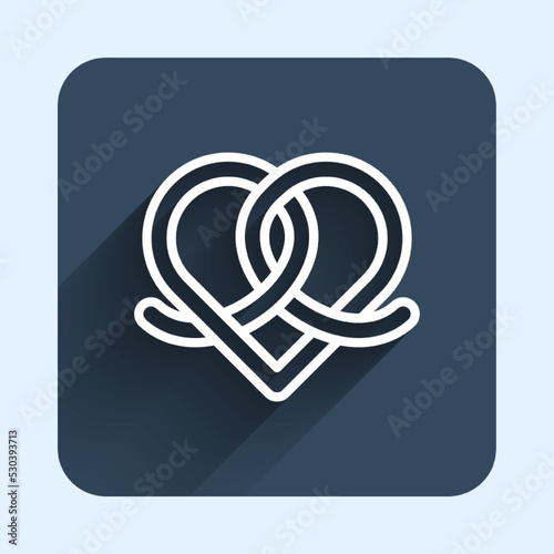 White line Pretzel icon isolated with long shadow background. German comfort food pastry. Oktoberfest festival. Blue square button. Vector
