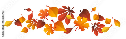 Leaf fall. Vector autumn leaves flying in the wind. Horizontal line of red and yellow leaves, vector clipart isolated on white background.