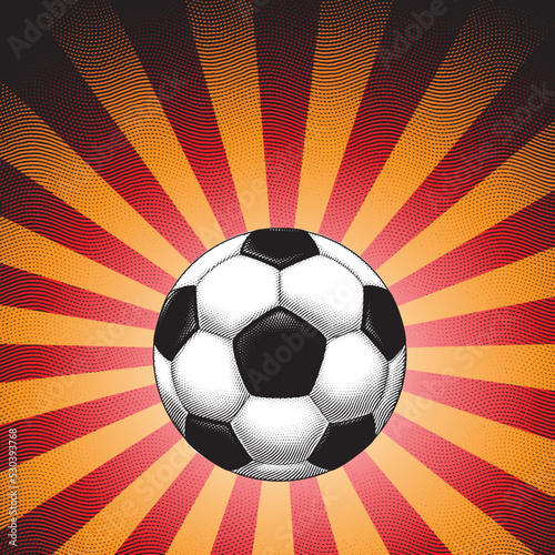 Scratchboard Engraved Soccer Ball over a Red Striped Background