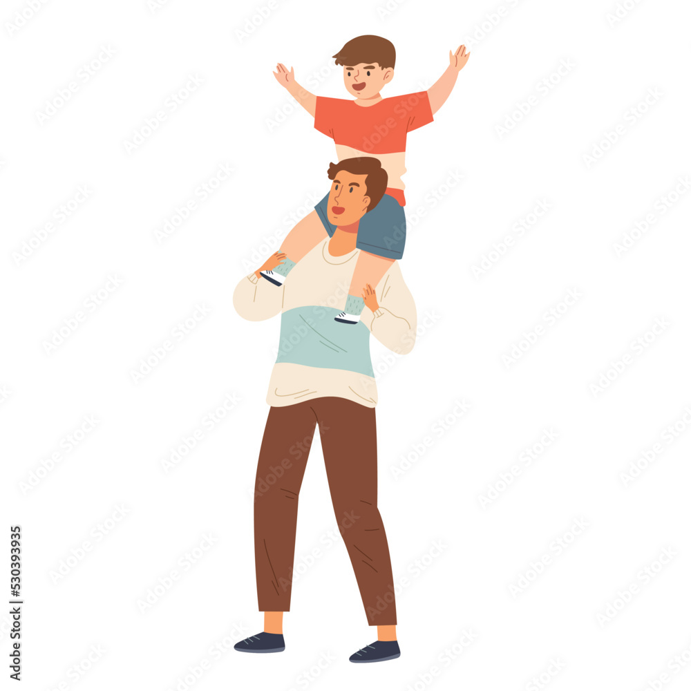 Happy son riding on father's neck isolated on white background. Concept of Father day, using quality time with son, dad and son's bonding. Flat vector illustration cartoon character. Happy son riding on father's neck isolated on white background. Concept of Father day, using quality time with son, dad and son's bonding. Flat vector illustration cartoon character.