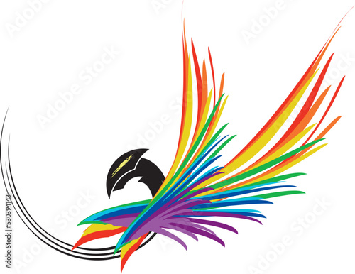 Rainbow bird logo concept isolated on a white background. Twirled eagle logo for fabric, shield emblems, prints on T-shirts, textiles, interior solutions, fashion trends, tattoos, graphics on vehicles © lion21