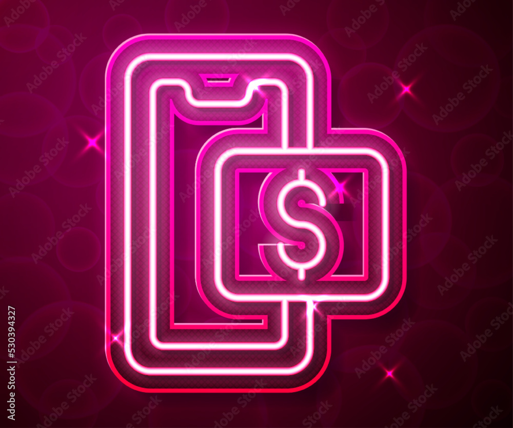 Glowing neon line Mobile phone and shopping cart icon isolated on red background. Online buying symbol. Supermarket basket symbol. Vector Glowing neon line Mobile phone and shopping cart icon isolated on red background. Online buying symbol. Supermarket basket symbol. Vector