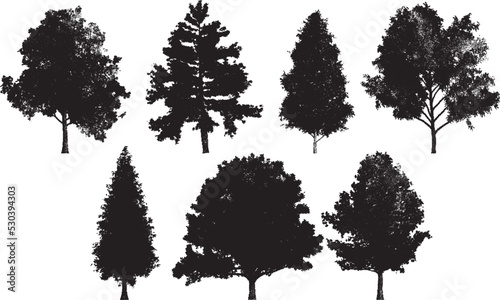 Set of tree silhouettes in dotwork style. For the forest or park background. Cedar  oak  robinia  maple black silhouettes
