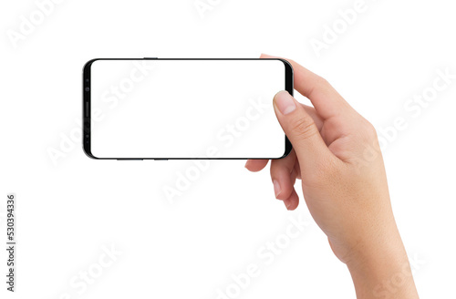Isolated human right hand holding black mobile smart phone with transparent background