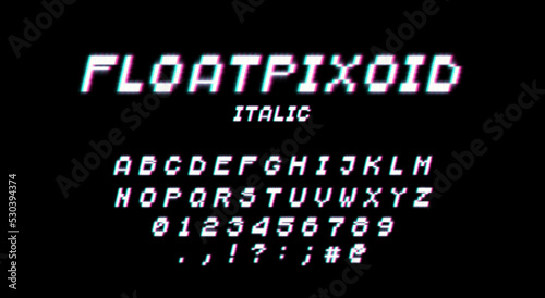 Retro 80s styled typeface with neon glow. Pixel video game 8bit font. Set of retro style latin capital letters, numbers and punctuation signs.