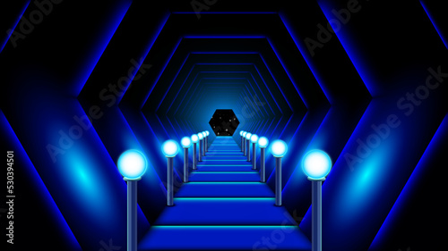 Fototapeta Naklejka Na Ścianę i Meble -  Synthwave styled corridor with blue lamps. Space station dock or club entry background for invitations and flyers. Sci-fi tunnel with light balls.