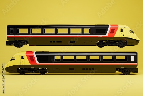 modern high-speed trains. trains moving towards each other on a yellow background. 3D render
