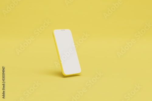 the concept of the presentation of the smartphone. mobile phone on a yellow background. copy paste. 3D render