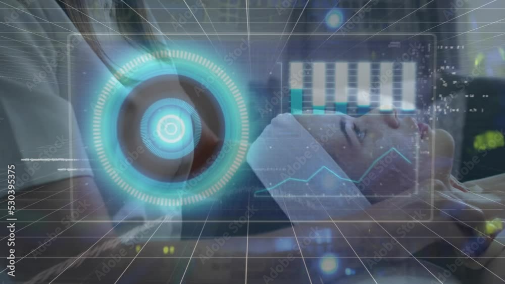 Animation of rotating over data processing in blue space Animation of rotating over data processing in blue space
