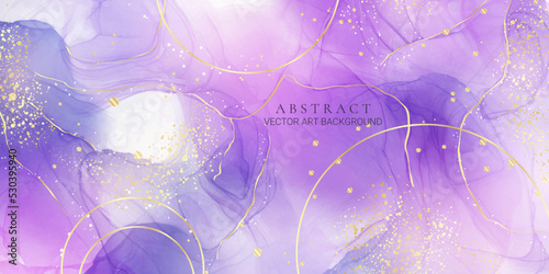 Violet cyan blue liquid watercolor background with golden stains. Teal mauve purple marble alcohol ink drawing effect. Vector illustration design template for wedding invitation, menu, rsvp