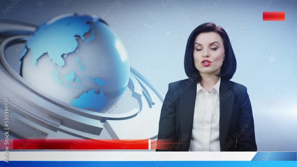 Woman TV presenter in casual suit talking and commenting latest news from virtual television studio in live news program