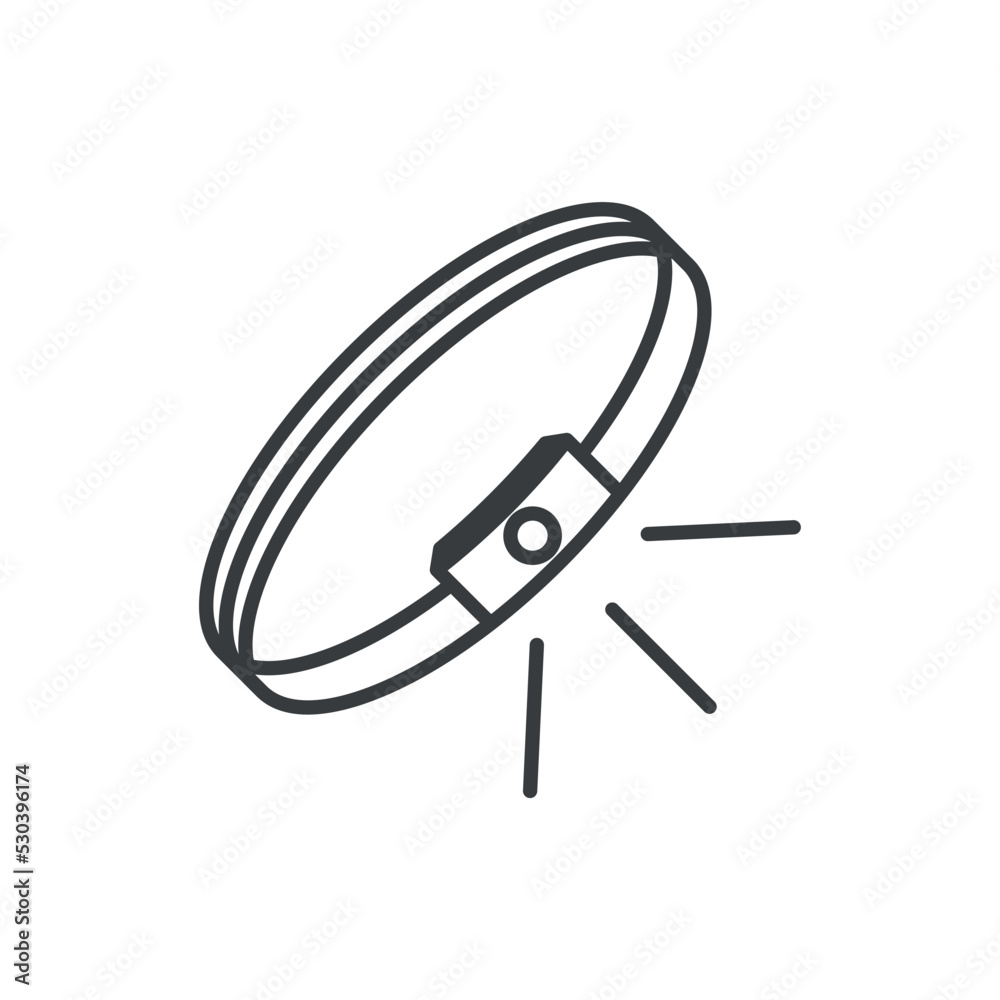 Headlamp icon. A simple line drawing of a flashlight for a head with a stream of light. Isolated vector on white background.