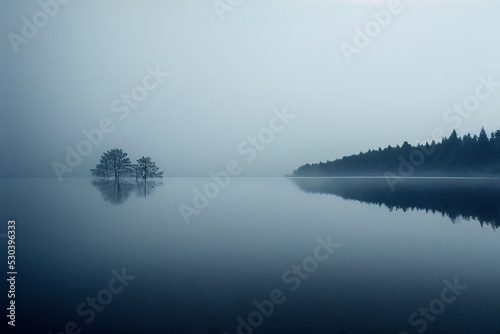 Fotografie, Obraz Beautiful landscape of the forest lake in a thick white fog