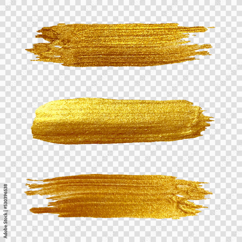 Golden paint brush stroke. Set of gold paint smear with glittering
