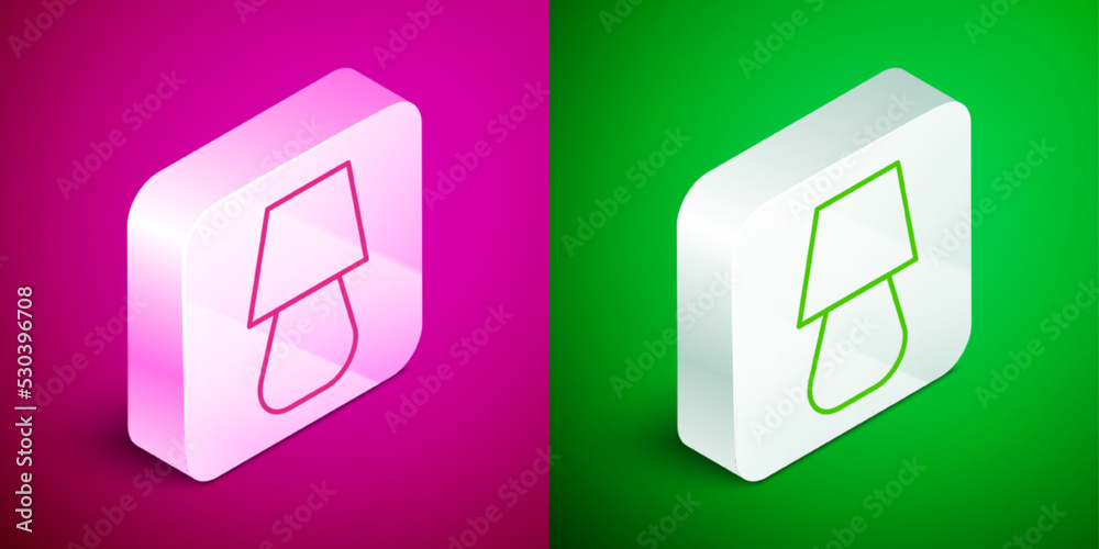 Isometric line Table lamp icon isolated on pink and green background. Silver square button. Vector Isometric line Table lamp icon isolated on pink and green background. Silver square button. Vector