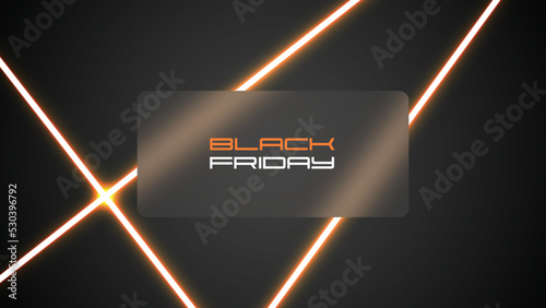 Black Friday Sale Glow Neon Laser Line Background. Vector frosted glass rectangle frame with futuristic text lettering. Dark banner for web site, flyer or social network. Glassmorphism style design