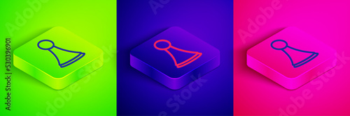 Isometric line Chip for board game icon isolated on green, blue and pink background. Square button. Vector