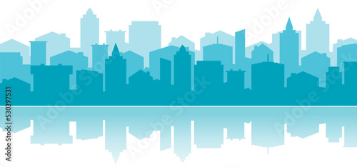 Cityscape. Cartoon urban skyline. City panorama, landscape, street, flat and office buildings. Wide horizontal panorama. Drawing silouette town view sky. Skyscrapers
