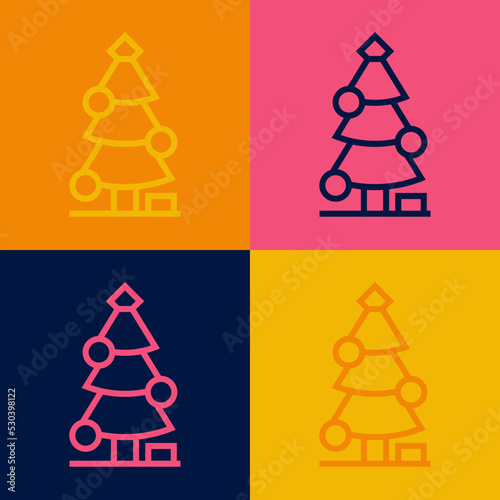 Pop art line Christmas tree with decorations icon isolated on color background. Merry Christmas and Happy New Year. Vector