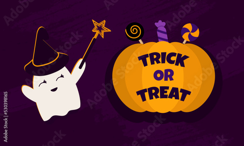 A ghost with a witch's hat and a magic wand conjures a pumpkin. Helloween party.Trick or Treat.  Invitation with character. Vector.