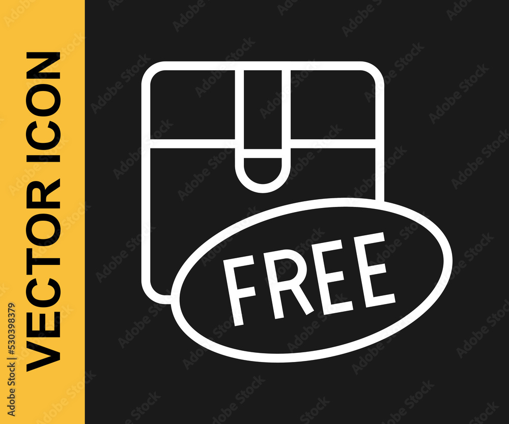 White line Cardboard box with free symbol icon isolated on black background. Box, package, parcel sign. Delivery, transportation and shipping. Vector White line Cardboard box with free symbol icon isolated on black background. Box, package, parcel sign. Delivery, transportation and shipping. Vector