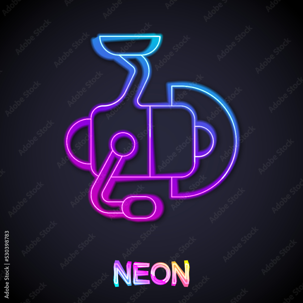 Glowing neon line Spinning reel for fishing icon isolated on black background. Fishing coil. Fishing tackle. Vector Glowing neon line Spinning reel for fishing icon isolated on black background. Fishing coil. Fishing tackle. Vector