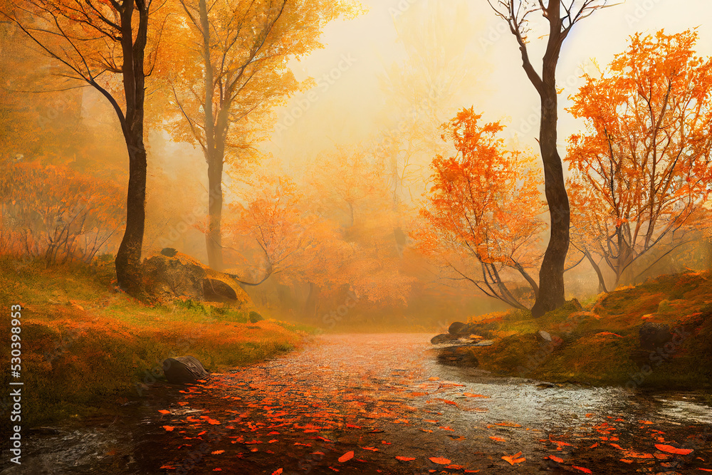 Autumn in park. Beautiful nature background. Hyper realistic digital painting. 3D illustration