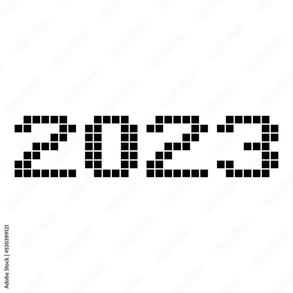 Feliz año nuevo. Cifra 2023 con fuente de juegos de arcade de estilo retro aislada Feliz año nuevo. Cifra 2023 con fuente de juegos de arcade de estilo retro aislada