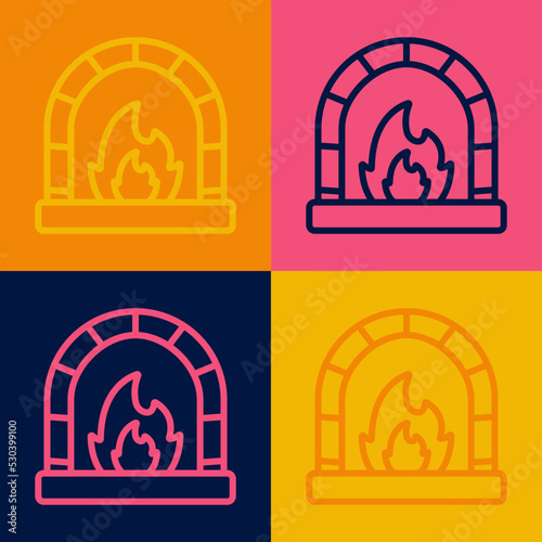 Pop art line Blacksmith oven icon isolated on color background. Vector