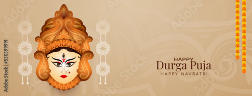 Durga Puja and Happy navratri festival banner with goddess Durga face