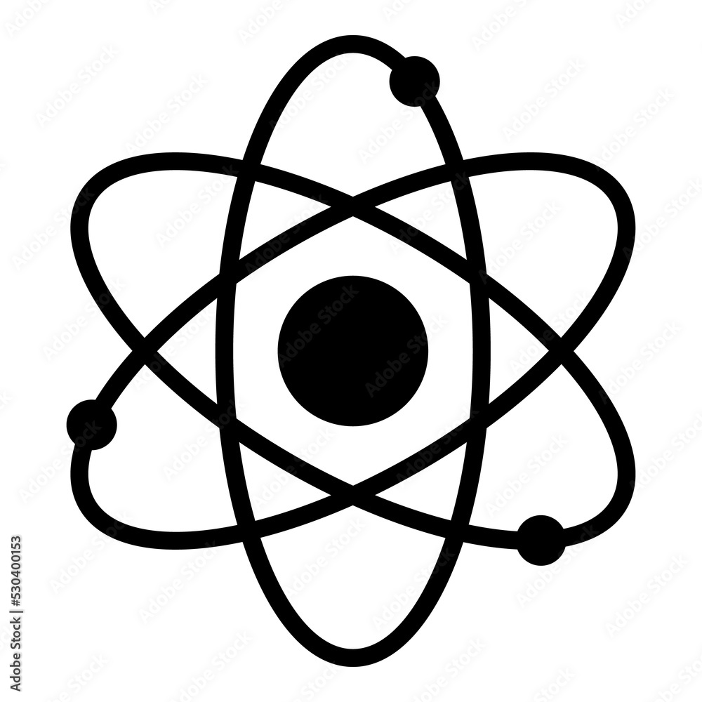 Símbolo ciencia. Icono aislado con átomo con electrones en órbita Símbolo ciencia. Icono aislado con átomo con electrones en órbita