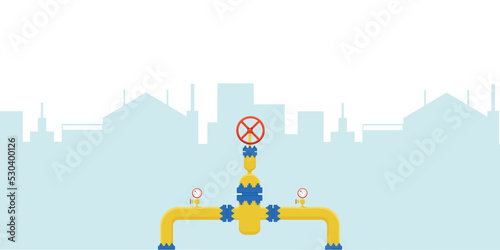 Gas pipeline construction with city skyscraper background. Vector stock illustration isolated on white background for banners, posters with notification and announcement.