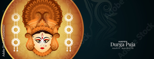 Durga Puja and Happy navratri festival banner with goddess Durga face