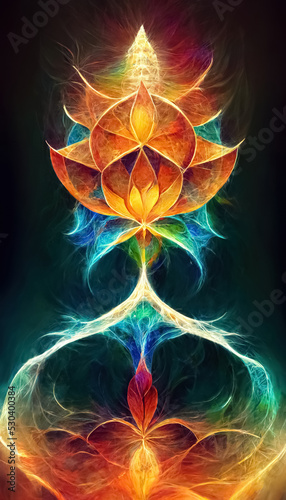 Abstract design of multicolored chakra powerful energy. Chakra mandala flower. 3D illustration.