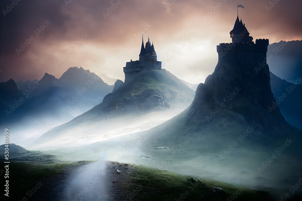 Obraz premium Two mighty castles on opposing hills.