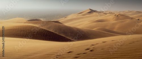 Extreme windy weather over sandy dunes, Namibia. Sand storm and bad weather in Namib desert on the coast of Atlantic Ocean. Panoramic landscape of Sandwich Harbour with motion sand on hills.