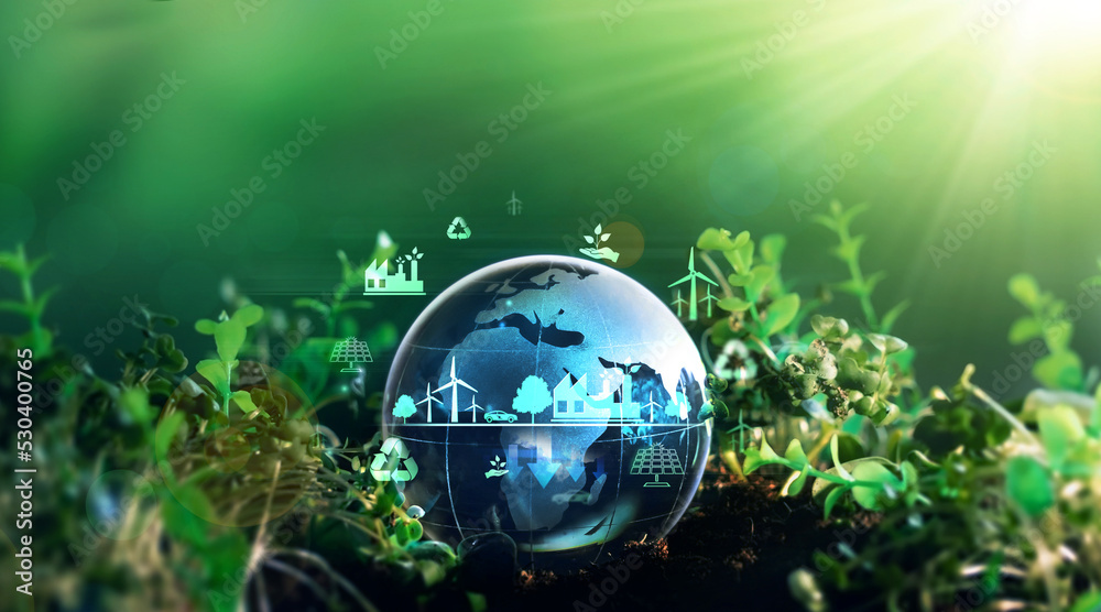 Green energy for clean and sustainable environment. Wind energy used in the industry of factories, machines and technologies. Reducing Co2 emissions and limiting global warming and climate change Green energy for clean and sustainable environment. Wind energy used in the industry of factories, machines and technologies. Reducing Co2 emissions and limiting global warming and climate change