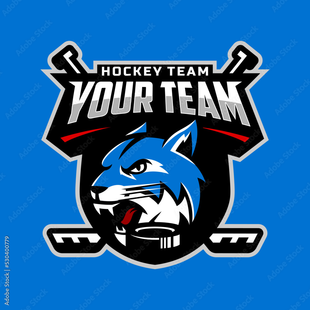 Lynx head logo for the ice hockey team logo. vector illustration. With a combination of shields badge, puck and ice hockey stick