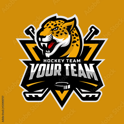 Leopards head logo for the ice hockey team logo. vector illustration. With a combination of shields badge, puck and ice hockey stick
