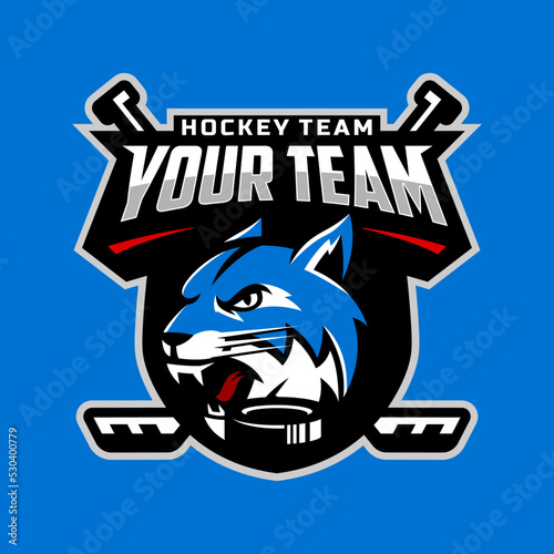 Lynx head logo for the ice hockey team logo. vector illustration. With a combination of shields badge, puck and ice hockey stick