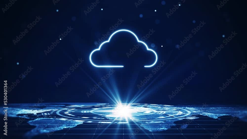 Cloud and edge computing technology concepts A large icon above a prominent white cloud in the center. Below is an abstract map, user icons and binary code moving slowly on a dark blue background.