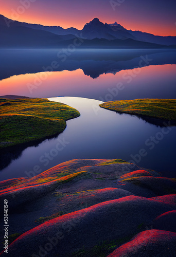 Fototapeta Naklejka Na Ścianę i Meble -  Lake landscape at sunset with glaciers, mountains and reflection