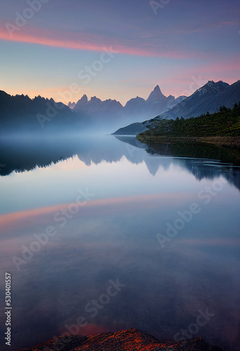 Lake landscape at sunset with glaciers, mountains and reflection