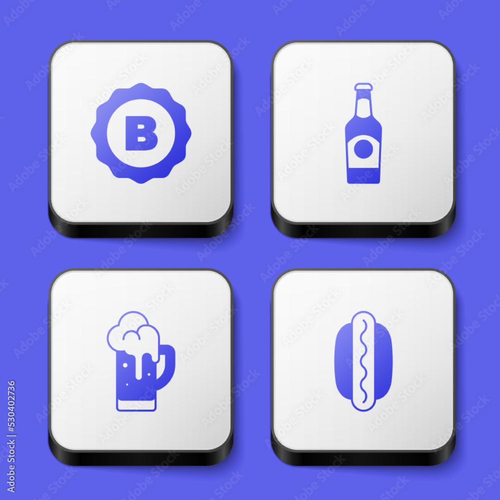 Set Bottle cap, Beer bottle, Glass of beer and Hotdog sandwich icon. White square button. Vector