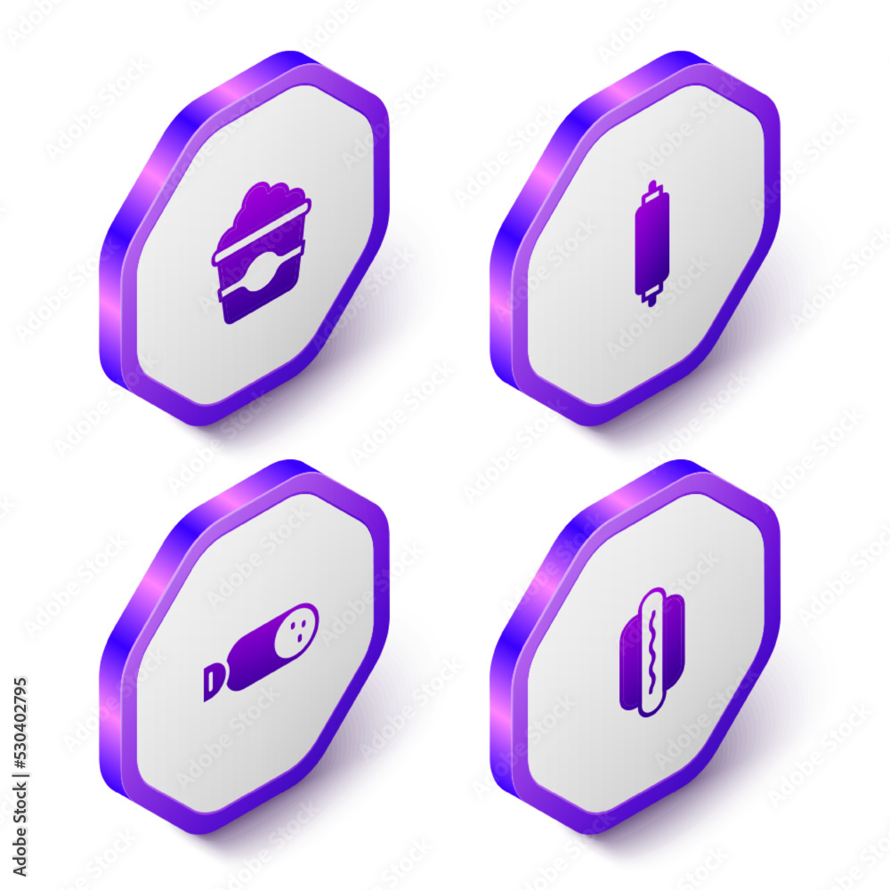 Set Isometric Popcorn in cardboard box, Rolling pin, Salami sausage and Hotdog icon. Purple hexagon button. Vector Set Isometric Popcorn in cardboard box, Rolling pin, Salami sausage and Hotdog icon. Purple hexagon button. Vector