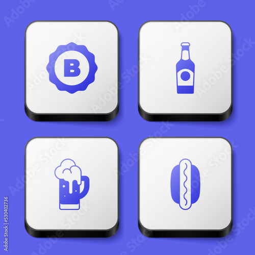 Set Bottle cap, Beer bottle, Glass of beer and Hotdog sandwich icon. White square button. Vector