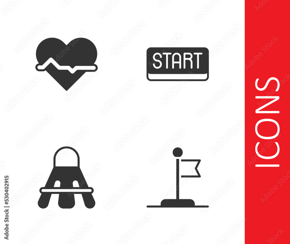 Set Flag, Heart rate, Badminton shuttlecock and Ribbon finishing line icon. Vector Set Flag, Heart rate, Badminton shuttlecock and Ribbon finishing line icon. Vector